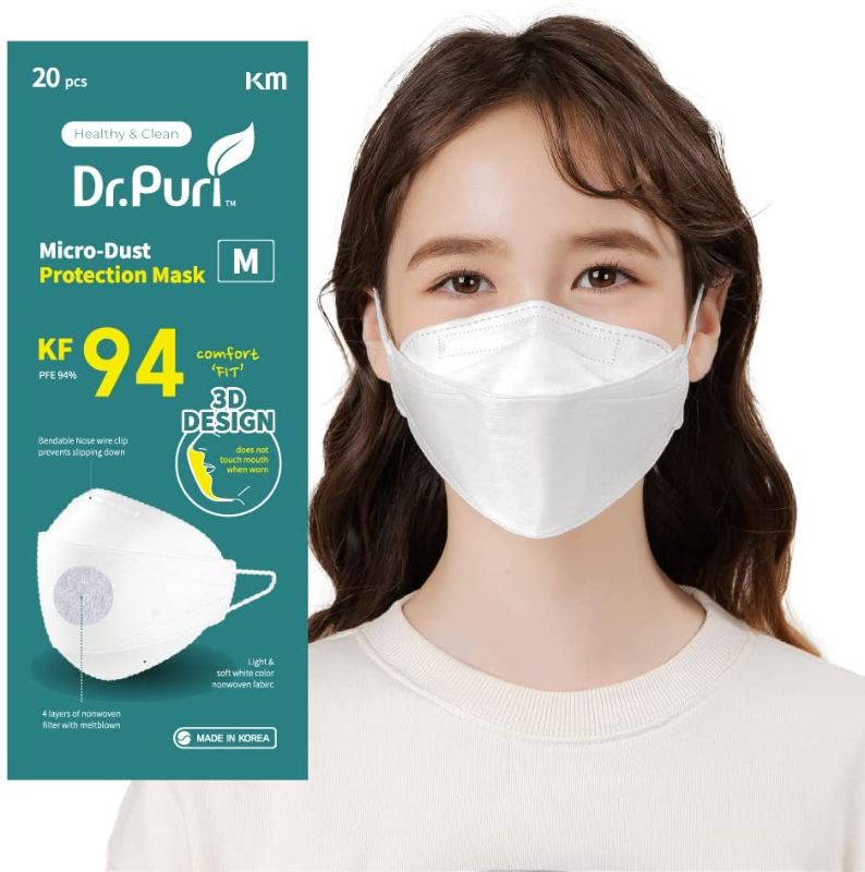 Photo 1 of [20 Pack] Dr.Puri New Micro-Dust Protection Face Premium Mask (KF94) White MEDIUM
