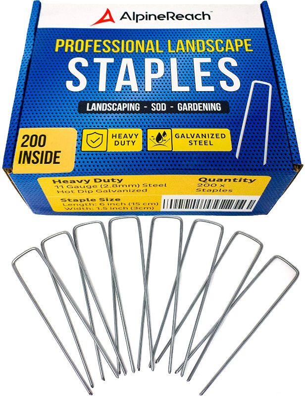 Photo 1 of AlpineReach Galvanized Landscape Staples - 200 Garden Stakes Steel 6 Inch Heavy Duty Anti Rust for Sod, Fencing, Barrier Fabric Edging Cover - Strong Professional Ground Anchor
