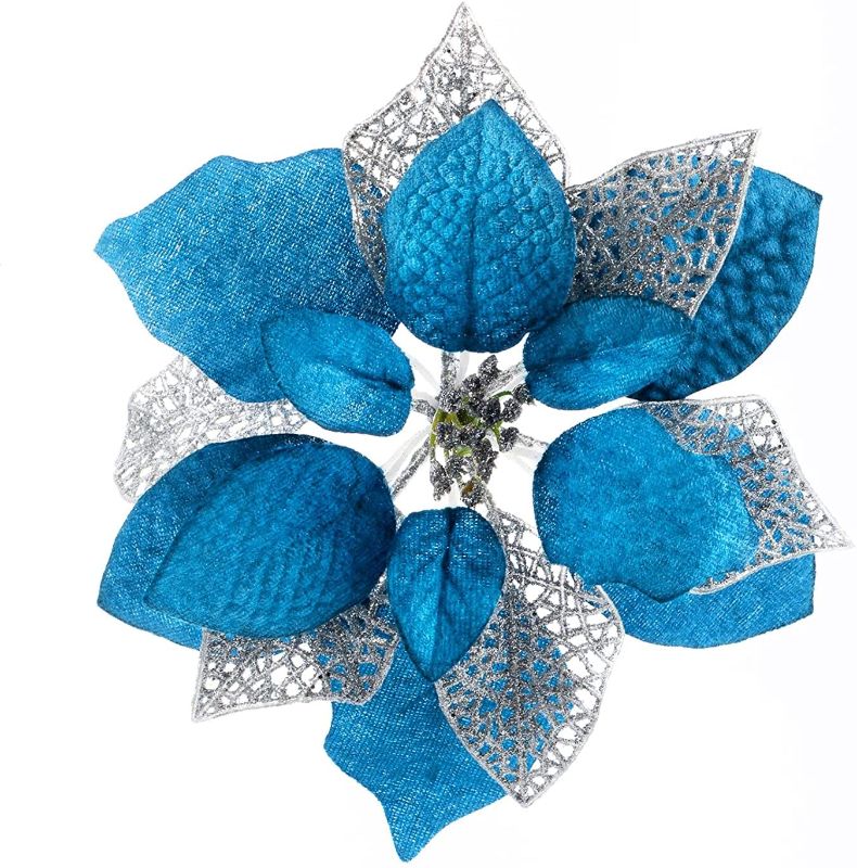 Photo 1 of 10 Pack Christmas Poinsettia Flowers Glitter Poinsettia Bushes Christmas Tree Flowers Christmas Poinsettia Ornament, Artificial Poinsettia Flowers Christmas Decorations-Royal Blue
