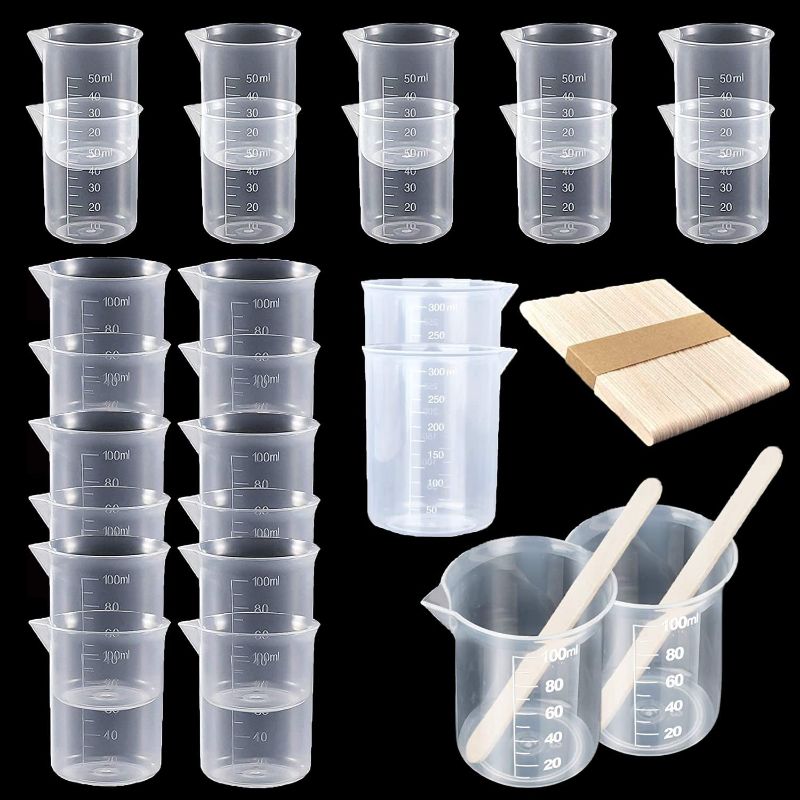 Photo 1 of 26 PCS Multi-Sizes Plastic Resin Measuring Cup Reusable Resin Cups 15 PCS 100ML 10 PCS 50ML 1 PC 300ML Plastic Beakers, 50 PCS Wooden Stir Stick Mixing Cups for Resin Epoxy Mixing Painting Lab Use
