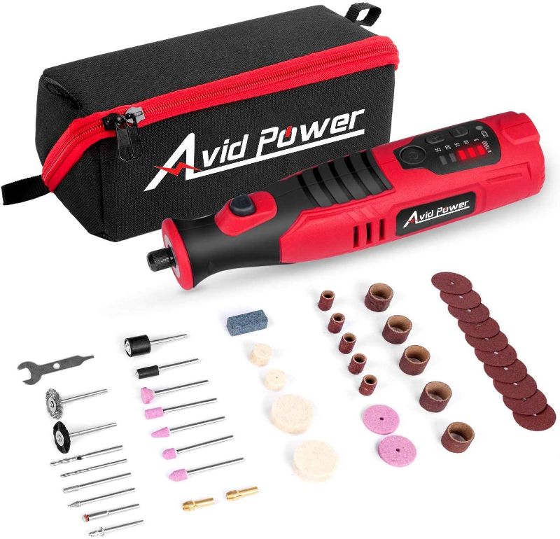 Photo 1 of AVID POWER Cordless Rotary Tool with 2.0 Ah 8V Li-ion Battery, 5-Speed, 4 Front LED Lights and 60pcs Accessories Kit for Carving, Engraving, Sanding, Polishing and Cutting
