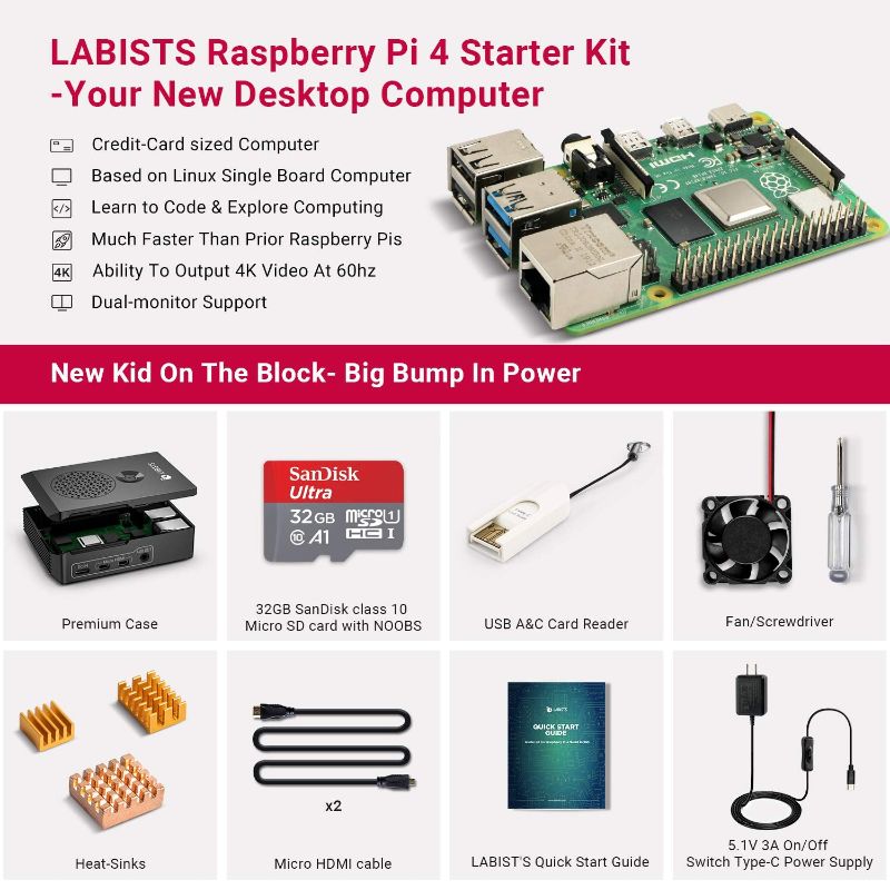 Photo 1 of Raspberry Pi 4 4GB RAM Board + 64GB Micro SD Card Complete Starter Kit
