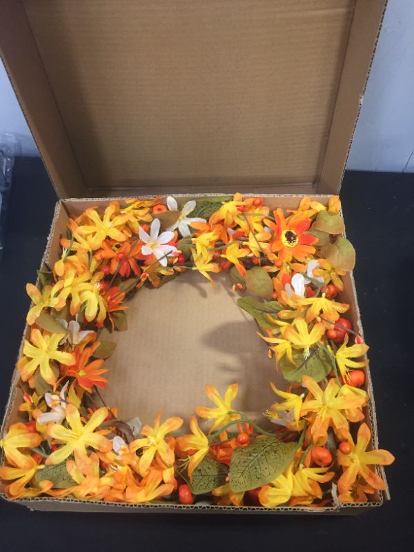 Photo 2 of Artificial Fall Flower Wreath,20” Orange Yellow White Floral Wreath Autumn Wreath with Pumpkins and Berries Front Door Wreath for Home Decor and Thanksgiving Celebration
