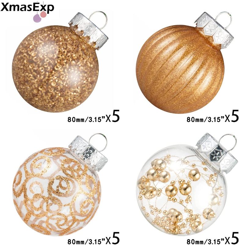 Photo 2 of XmasExp 20ct Christmas Ball Ornaments Set -Clear Plastic Shatterproof Xmas Tree Ball Hanging Baubles Stuffed Delicate Glittering for Holiday Wedding Xmas Party Decoration (80mm/3.15",Champagne)
