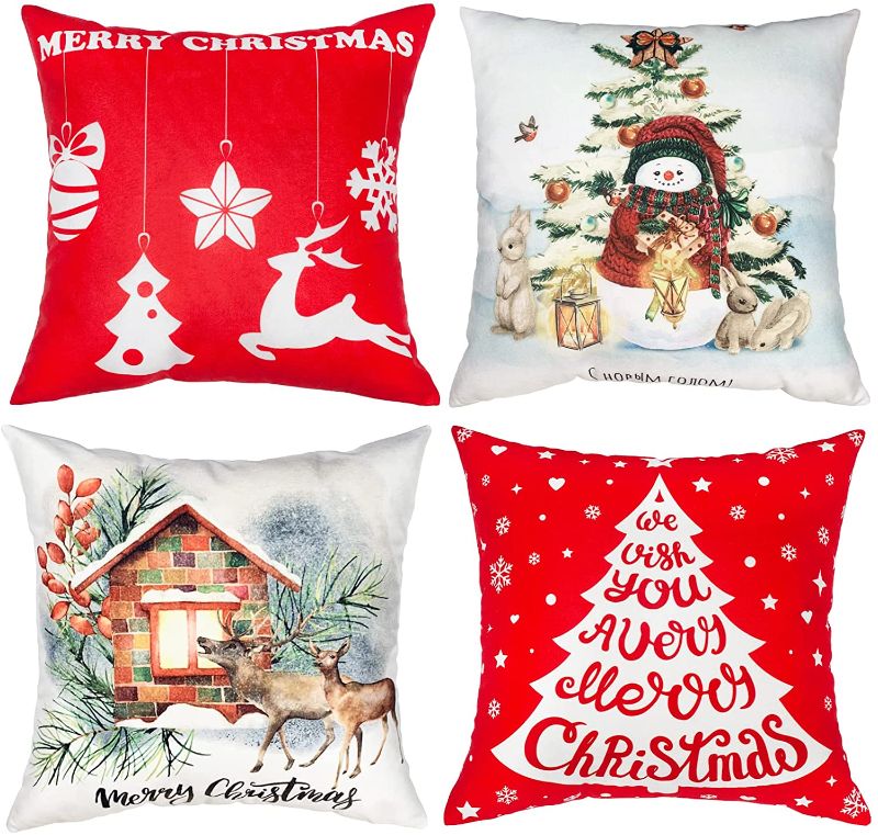 Photo 1 of Christmas Pillow Covers 18 x 18 Inch Set of 4, Farmhouse Decorative Throw Pillows, Double-Sided Printed Christmas Cushion Covers, Soft Personalized Square Home Office Couch Covers (Snowman)
