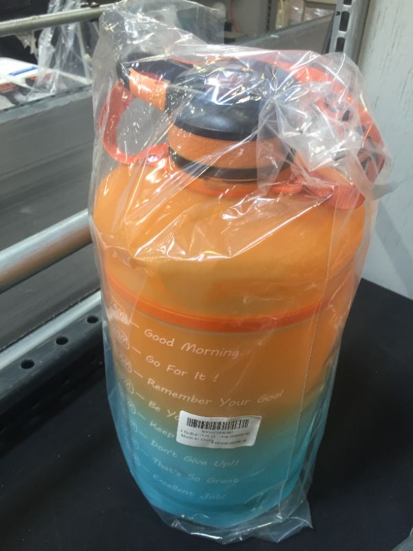 Photo 1 of 1 Gallon /128 OZ Motivational Water Bottle with Time Marker & Straw, Leakproof Large Water Jugs with Handle, [Wide Mouth] Tritan BPA Free Sports Water Bottle for Fitness Gym Outdoor Sports (Orange/Blue Gradient)
