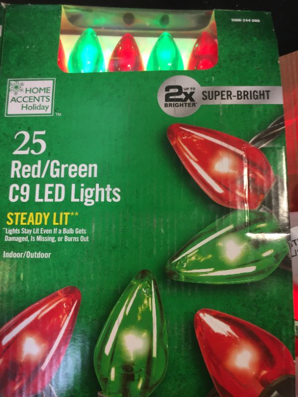 Photo 2 of 16 ft. 25-Light Smooth LED C9 Super Bright Steady-Lit Red and Green Lights Christmas String Lights
