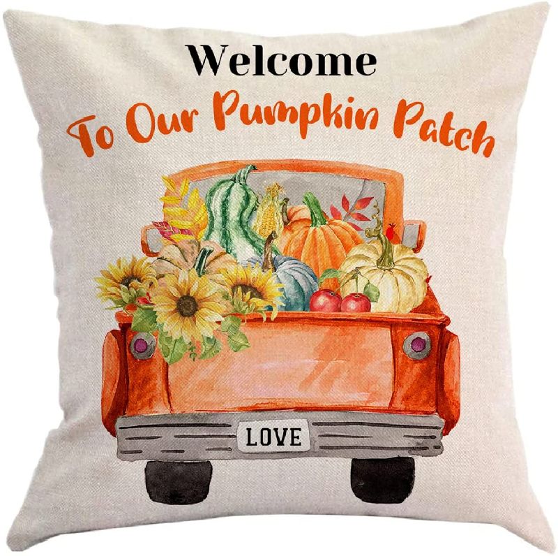 Photo 1 of 2 PACK Fall Pillow Covers Pumpkin Car Pillow Cases 18 x18 Inches Linen Throw Pillow Covers Farmhouse Throw Pillowcase Thanksgiving Cushion Covers for Sofa, Car, Autumn Decor
