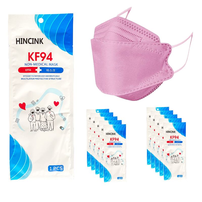 Photo 1 of 2 PACKS [10 Pack]HINCINK Kf94 Masks Black [Individually Packaged] Unisex, 4-Layer Protective Safety Mask, Tri-Folding Style, (Pink) Kf94 Certified Face Safety White Dust Mask for Adult and Older Colorful (10Pcs, Pink)
