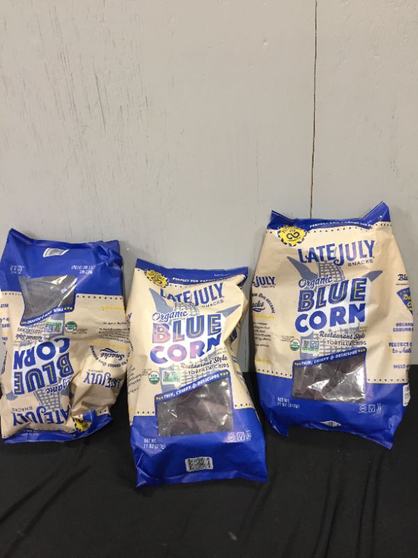 Photo 2 of  LATE JULY Snacks Restaurant Style Blue Corn Tortilla Chips, 11 oz. Bag 3 pack exp---05-feb-2022