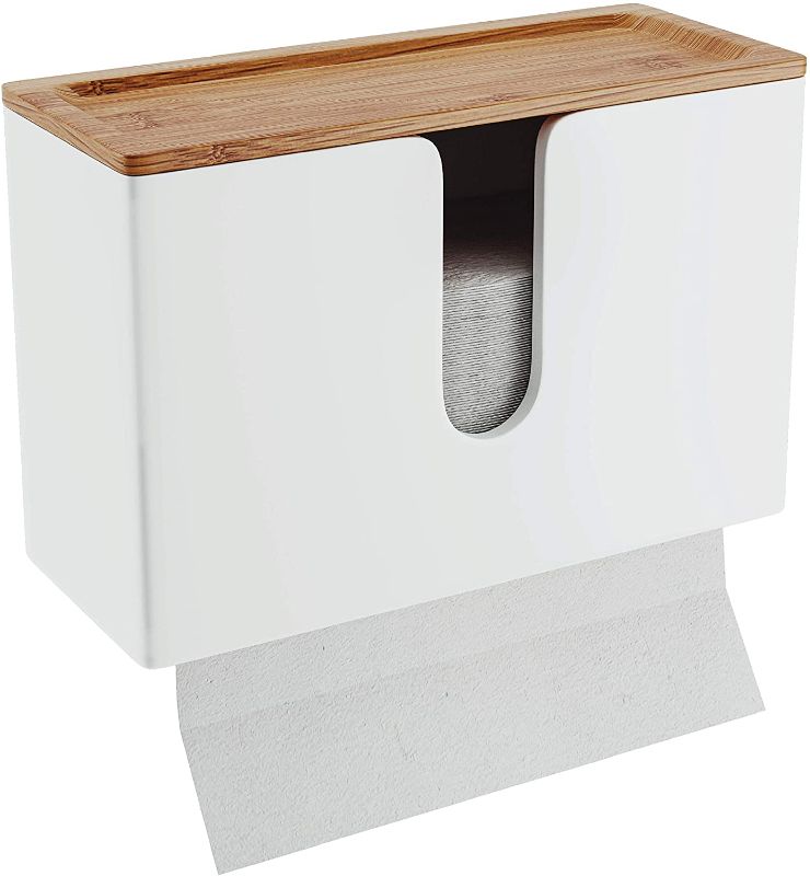 Photo 1 of Bamboo Paper Towel Dispenser with Removable Top Tray for Bathroom and Kitchen - Wall Mount and Countertop Multifold Paper Towel, C-Fold, Zfold, Tri fold Hand Towel Holder Commercial (White)
