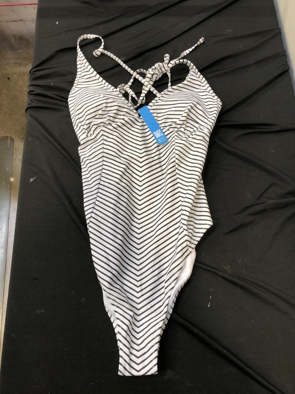 Photo 2 of CUPSHE Black And White Stripe V-Neck One Piece Swimsuit. Large
