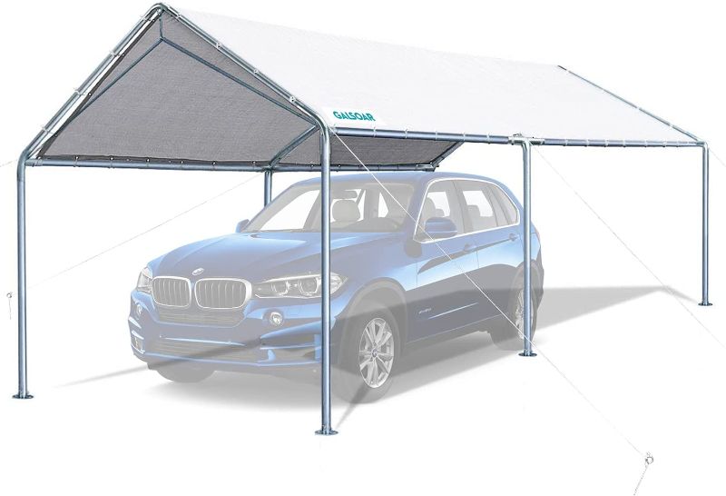 Photo 1 of GALSOAR 10x20FT Carport, Outdoor Heavy Duty Car Tent Shelter with 6 Steel Legs and 3 Reinforced Steel Cables, Outdoor Party Canopy Garden Gazebo, Rainproof, Snow Protection, Sunproof, Dustproof, White
