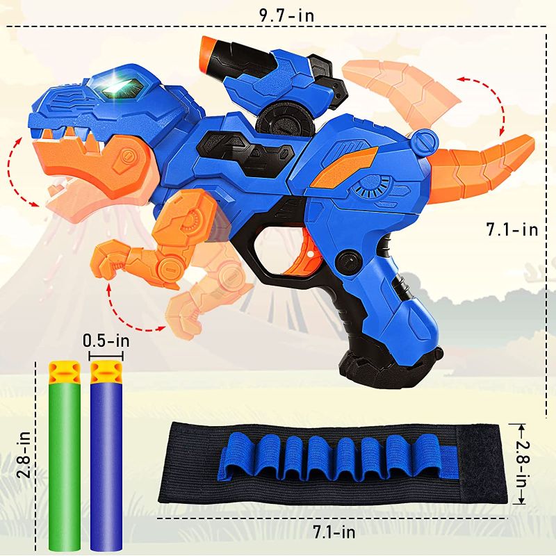 Photo 1 of POKONBOY 2 Pack Dinosaur Blaster Toy Guns for Boys Fit for Nerf Bullets, Kids LED Transforming Gun Toys with 100 Foam Bullets 2 Wristbands Birthday for 6 7 8 9 Year Old Boys Girls
