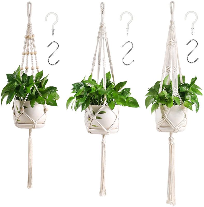 Photo 1 of Aroniko Macrame Plant Hangers with Hooks 3 Pack Hanging Planter Basket Tassels Handmade Hanging Plant Holder Decorative Flower Pot Holder for Indoor Outdoor Wall Boho Home Decor, 4 Legs, 3 Sizes
