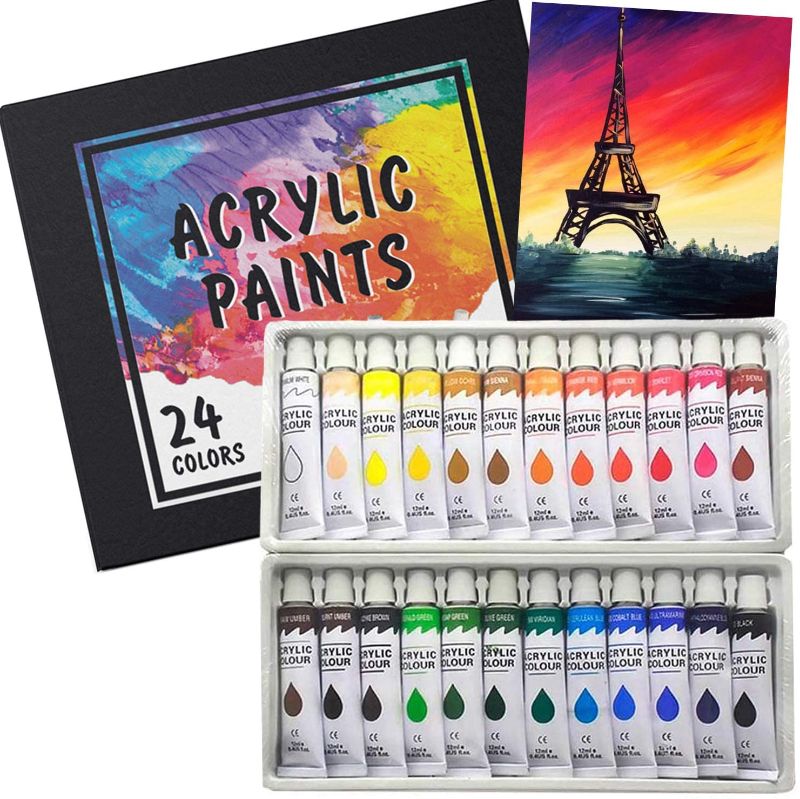 Photo 1 of Acrylic Paint Set 24 Colors/Tubes(12ml, 0.4 oz) Non Toxic Non Fading,Rich Pigments for Painters, Adults & Kids, Ideal for Canvas Wood Clay Fabric Ceramic Craft Supplies
