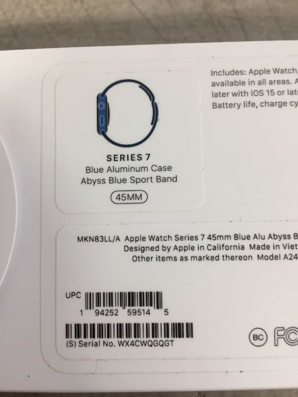 Photo 3 of Apple Watch Series 7 GPS, 45mm Blue Aluminum Case with Abyss Blue Sport Band - Regular **UNOPENED**
