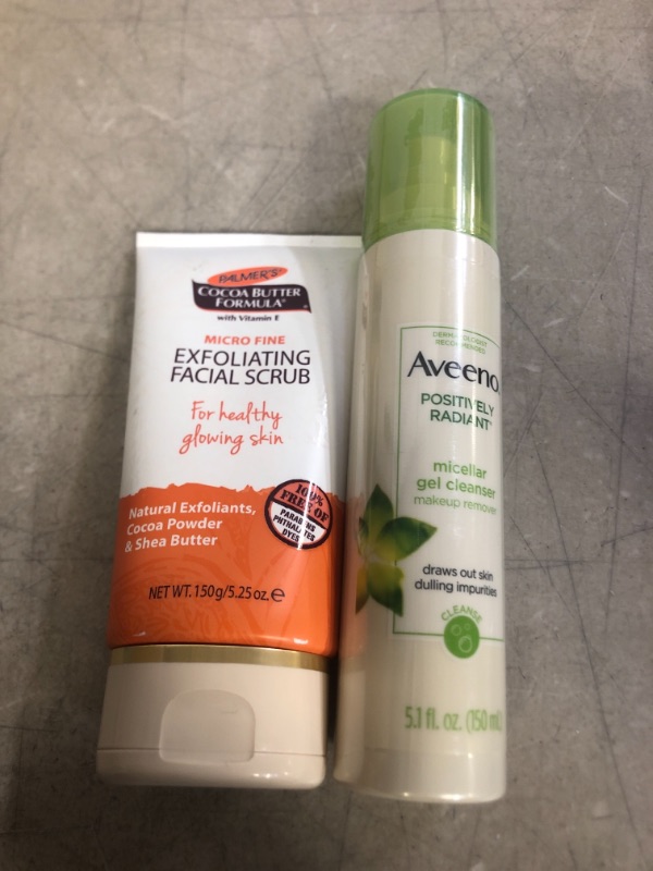 Photo 1 of 2PC LOT, PERSONAL CARE ITEMS
Palmer's Cocoa Butter Formula Exfoliating Facial Scrub with Vitamin E, 5.25 Ounces

Aveeno Positively Radiant Hydrating Micellar Gel Facial Cleanser with Moisture Rich Soy & Kiwi Complex, Hypoallergenic, Non-Comedogenic, Parab