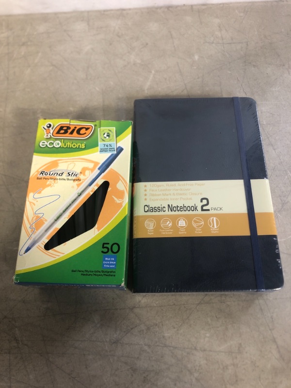 Photo 3 of 2PC LOT, MISC OFFICE ITEMS 
LYTek Classic Notebook Journals, 5.25"x8.25" Lined Hardcover Notebooks,120Gsm Premium White Thick Paper,Ghosting and Bleeding Resistance, 2 Pack Journal Notebooks (2 Pack, Blue)

BIC GSME509BE Ecolutions Round Stic Ballpoint Pe