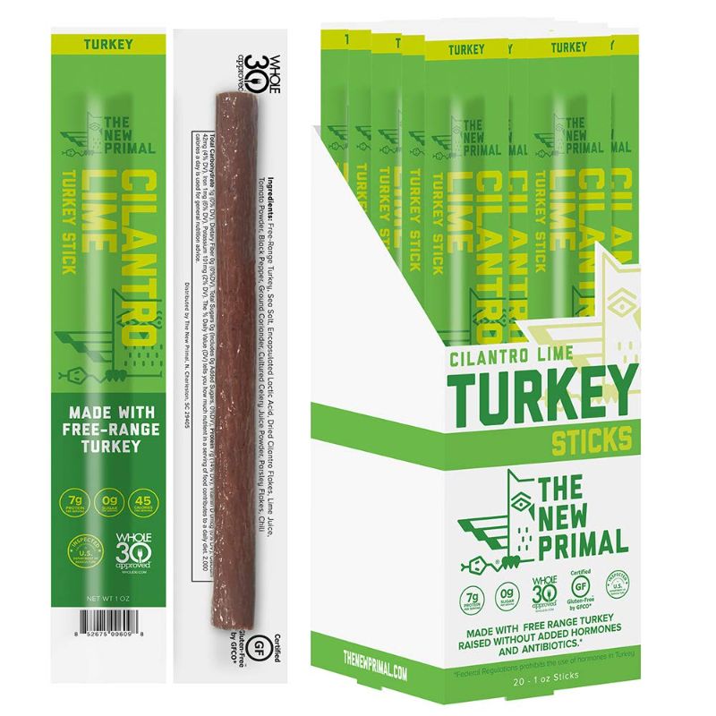 Photo 1 of The New Primal, Cilantro Lime Turkey Meat Stick, Free-Range Turkey, Paleo, Keto & Whole30 Approved, Turkey Jerky, Gluten, Dairy & Soy Free, 1oz, Pack of 20
EXP 07/17/22