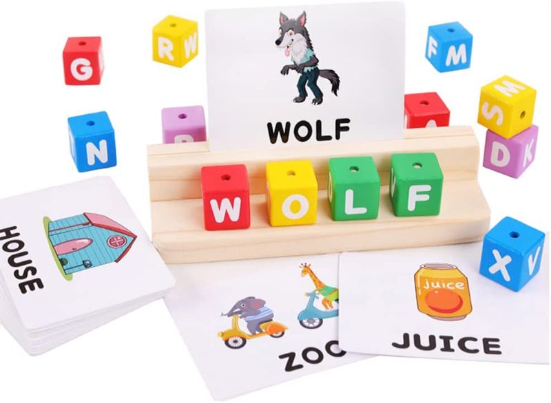 Photo 1 of Matching Letter Game ,Wooden Reading Blocks, Alphabet Spelling & Reading Words ,Flash Cards Turning Rotating Letter Puzzle for Preschooler Kindergarten
