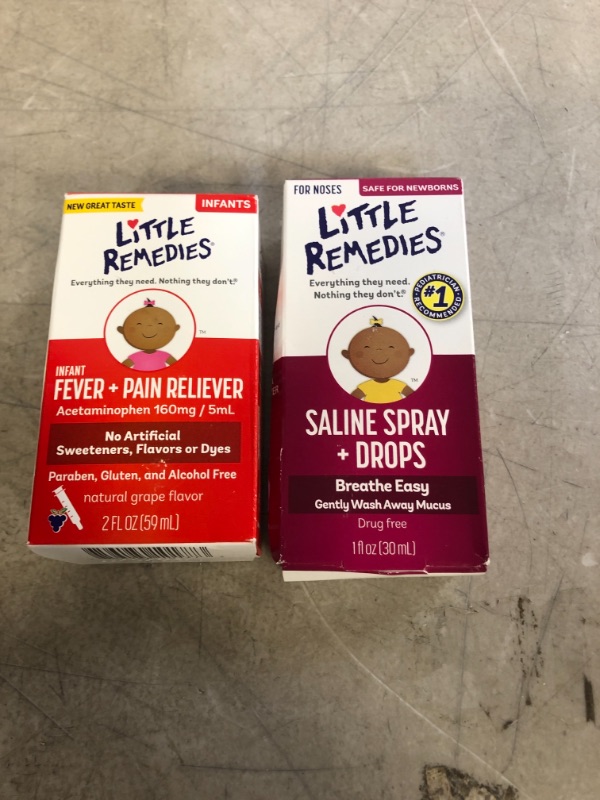 Photo 3 of 2PC LOT, CHILDRENS MEDICATION
Little Remedies Infant Fever & Pain Reliever, Natural Grape Flavor, 2 fl oz EXP 09/21

Little Noses Saline Spray/Drops for Dry for Stuffy Noses, 1-Ounce (30 ml) EXP 11/21
