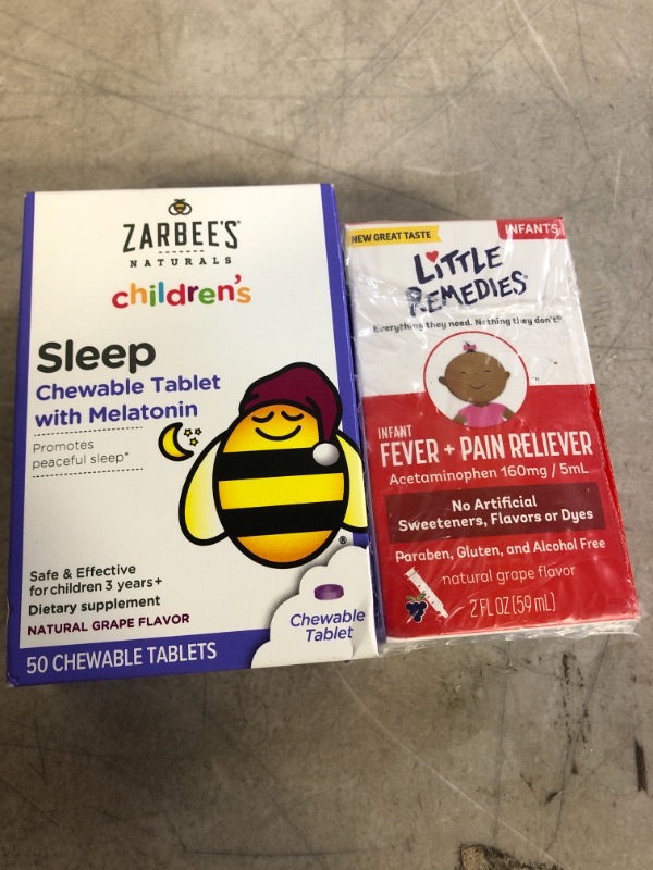 Photo 4 of 2PC LOT, CHILDREN'S MEDICATION
Little Remedies Infant Fever & Pain Reliever, Natural Grape Flavor, 2 fl oz EXP 09/21

Zarbee's Naturals Children's Sleep with Melatonin Supplement, Natural Grape Flavor, 50 Chewable Tablets EXP 12/22