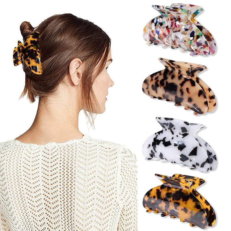 Photo 1 of HAYHOI 4PCS Banana Hair Claw Clips, French Design Tortoise Barrettes Clamps, Acrylic Celluloid Butterfly Jaw Clips, Large Leopard Print Hair Accessories for Women Girls with Thick Hair, Brown
