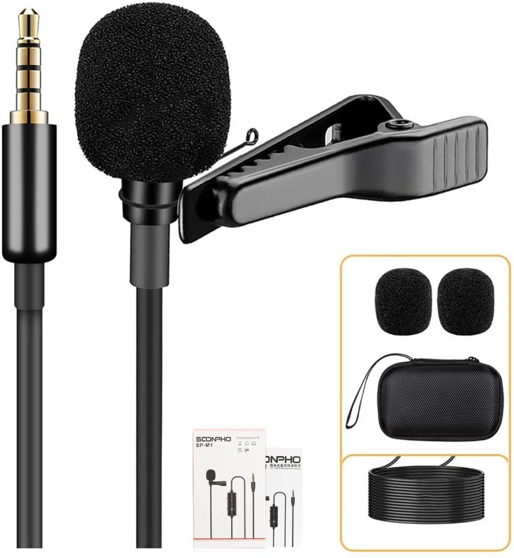 Photo 1 of Soonpho Professional Lavalier Lapel Microphone,3.5mm Omnidirectional Condenser Mic Easy Clip On Microphone with Windscreen for iPhone,Camera,DSLR,Recording YouTube,Video Conference,Podcast,Interview
