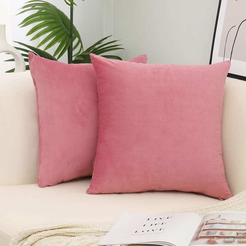 Photo 1 of 2 Pack Corduroy Throw Pillow Cover Solid Color Square for Couch,Sofa,Livingroom,Bedroom 18x18 Inch/45X45 cm PINK 