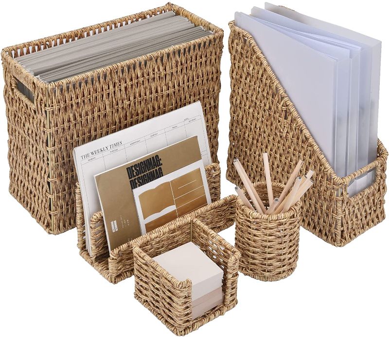 Photo 1 of StorageWorks Set of 5 Desk Organizers and Accessories Set, Imitation Wicker Desk Decor with Hanging File Organizer, Magazine Holder, Letter Sorter, Pen Cup and Sticky Note Holder
