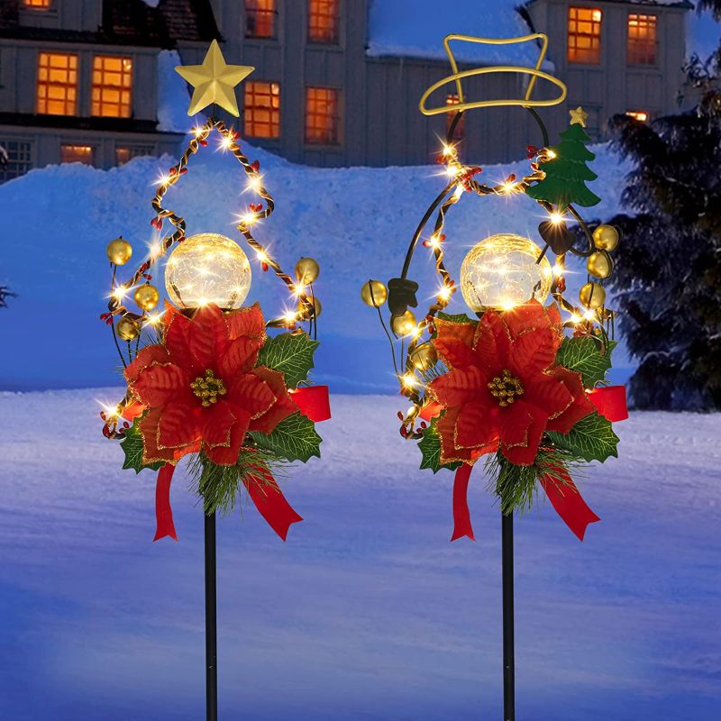 Photo 1 of CreiYuan 35 Inch Solar Christmas Decorations Outdoor, Metal Christmas Tree & Snowman Garden Stakes, Xmas Pathway LED Lights, Christmas Ornament for Lawn, Yard, Gravesite, Sidewalk
