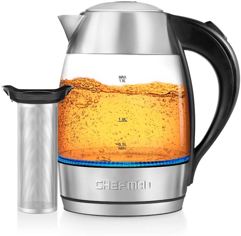 Photo 1 of Chefman Electric Glass Kettle, Fast Boiling W/ LED Lights, Auto Shutoff & Boil Dry Protection, Cordless Pouring, BPA Free, Removable Tea Infuser, 1.8 Liters
