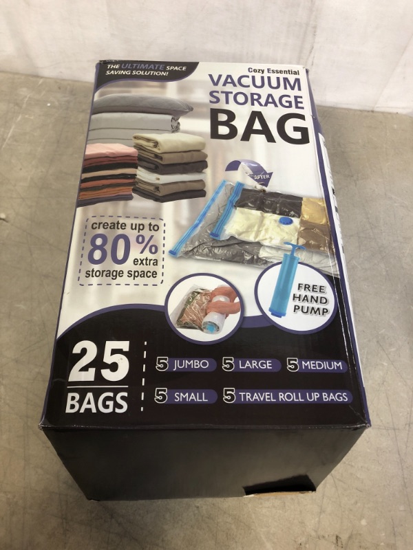 Photo 2 of 25 Pack Vacuum Storage Bags, Space Saver Bags (5 Jumbo/5 Large/5 Medium/5 Small/5 Roll) Compression Storage Bags for Comforters and Blankets, Vacuum Sealer Bags for Clothes Storage, Hand Pump Included
