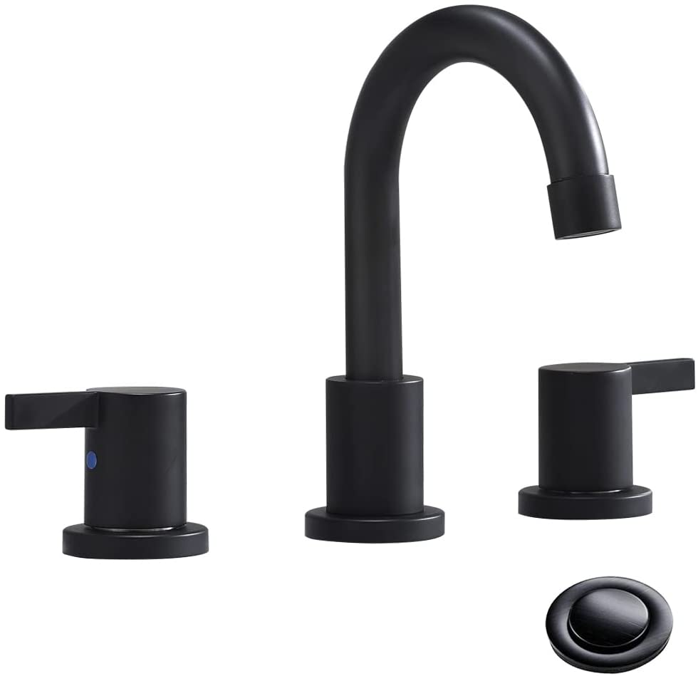 Photo 1 of 3-Hole Low-Arch 2-Handle Widespread Bathroom Faucets with Valve and Metal Pop-Up Drain Assembly,Matte Black by Phiestina, WF15-1-MB
