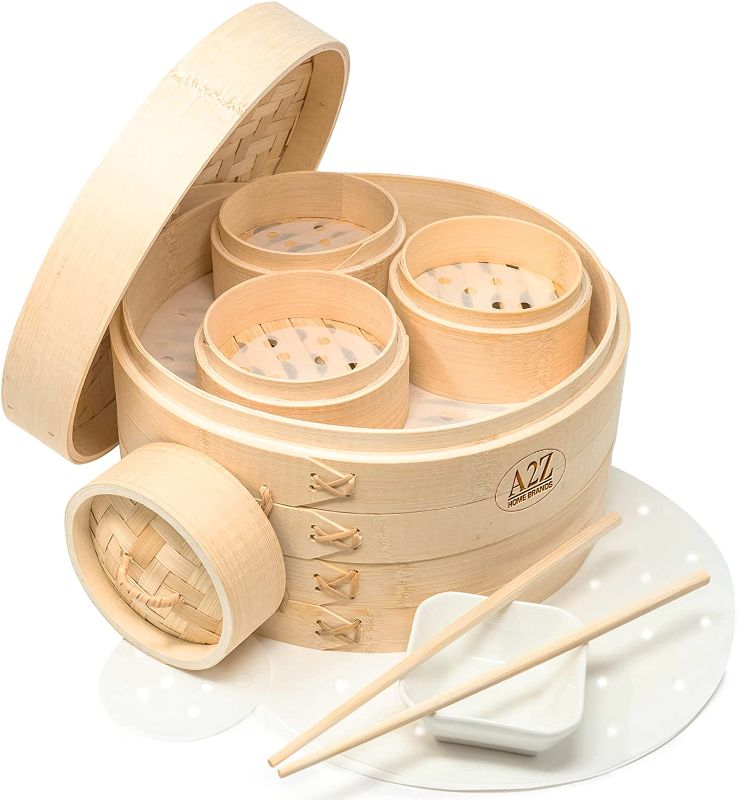 Photo 1 of A2Z HOMEBRANDS 10" Bamboo Steamer Basket - Makes Tasty Bao Buns, Sashimi - Sturdy Dumpling Steamer Basket Includes 20 Liners - Multipurpose Bamboo Steamer 10 Inch + 4 Inch Set - Mini Dim Sum Steamer
