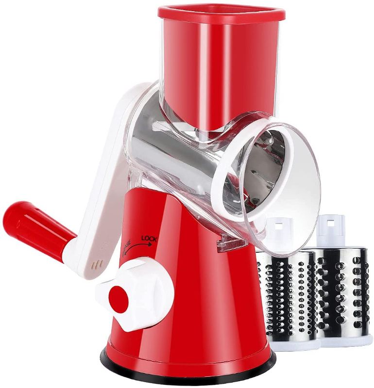 Photo 1 of Ancevsk Manual Rotary Cheese Grater - Round Vegetable Slicer with 3 Interchangeable Blades for veggie, Nuts, Fruit ?Red?
