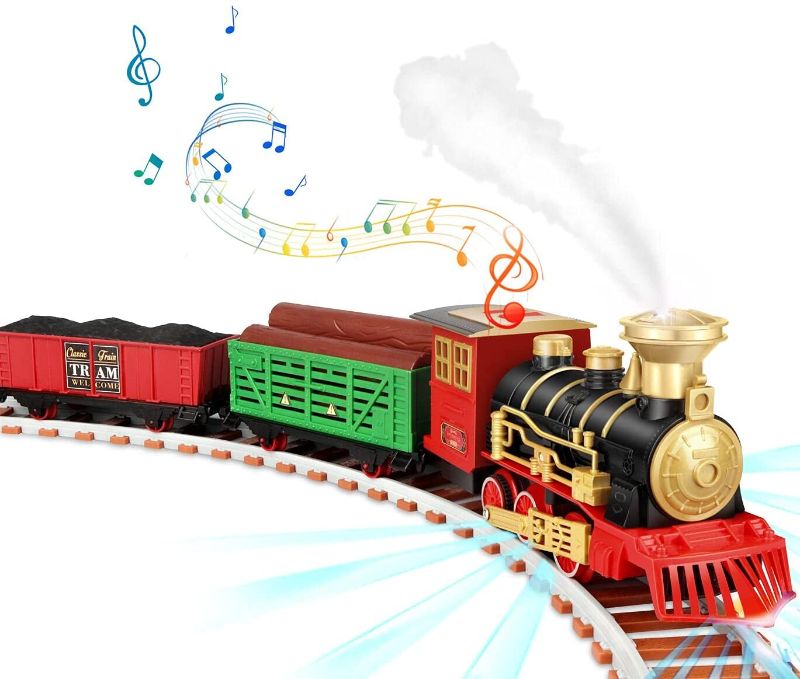 Photo 1 of Ouriky Train Set - Electric Steam Train Set Toy for Kids with Smokes, Lights & Sounds, Railway Kits, Cargo Car & Tracks, Christmas Train Sets Under The Tree Gift for Boys Girls
