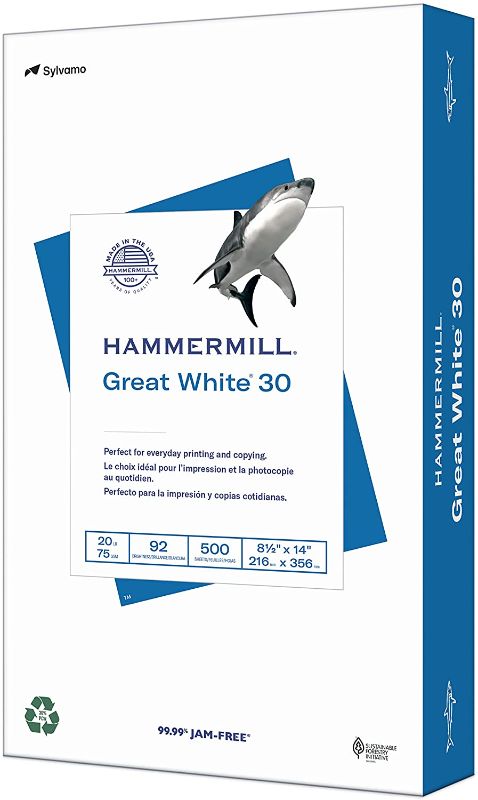 Photo 1 of Hammermill Printer Paper, Great White 30% Recycled Paper, 11 x 17-1 Ream (500 Sheets) - 92 Bright, Made in the USA, 086750
