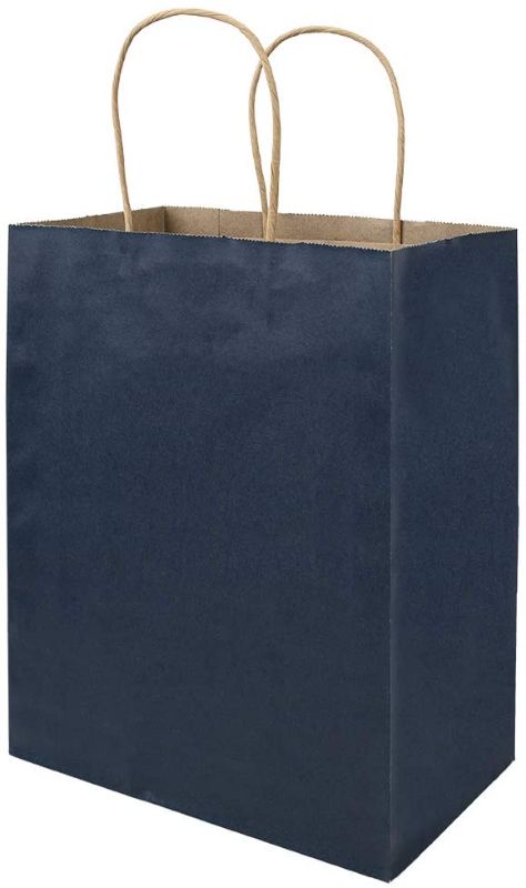 Photo 1 of 100 Pack 8x4.75x10 inch Medium Blue Gift Paper Bags with Handles Bulk, Bagmad Kraft Bags, Craft Grocery Shopping Retail Party Favors Wedding Bags Sacks (Navy Blue, 100pcs)
