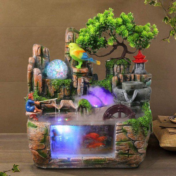 Photo 1 of Desktop Fountain Chinese Feng Shui Atomizing Rockery Water Fountain Mini Fountain Waterfall LED Lamp Waterfall Relaxation Small Rockery humidifier Desk Decoration US Plug
