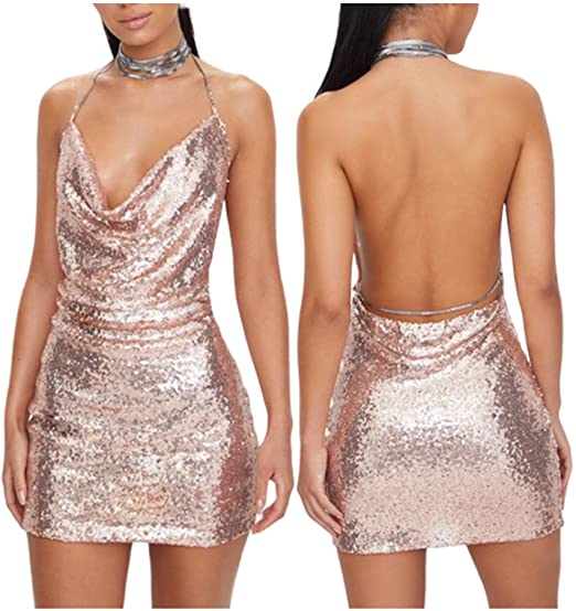 Photo 1 of Sunloudy Women Halter Glitter Dress Sleeveless Tie Open Neck Backless Mini Short Dress Bodycon Party Club Prom Dresses, SIZE M