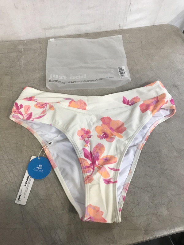 Photo 1 of WOMEN'S HIGH WAISTED CREAM AND NEON FLORAL BATHING SUIT BOTTOMS,SIZE L