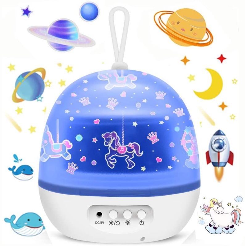 Photo 1 of Blovec Star Projector Night Lights for Kids, Kids Projector Lamp 4 Sets of Film Star Sea World Universe Carousel 360° Rotating Projector 8 Colorful Lights Gift for Boys and Girls White
