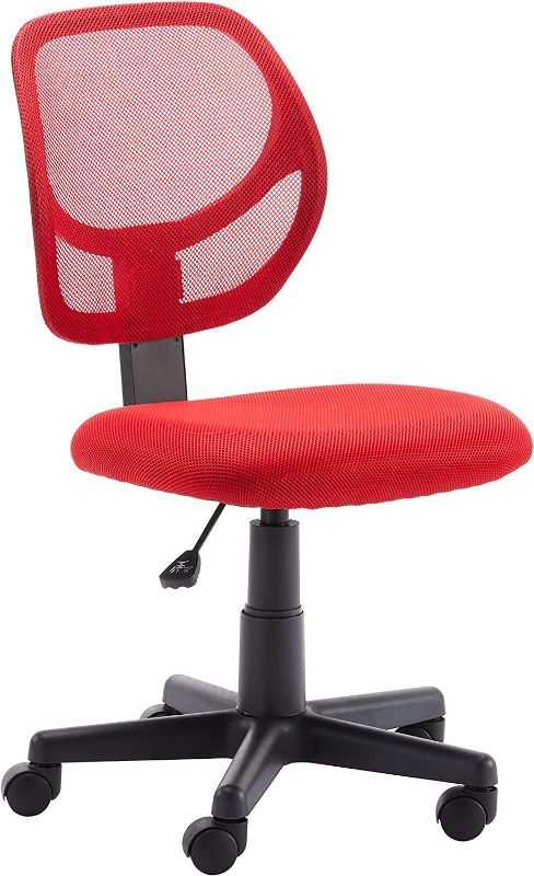 Photo 1 of Amazon Basics Low-Back, Upholstered Mesh, Adjustable, Swivel Computer Office Desk Chair, Red