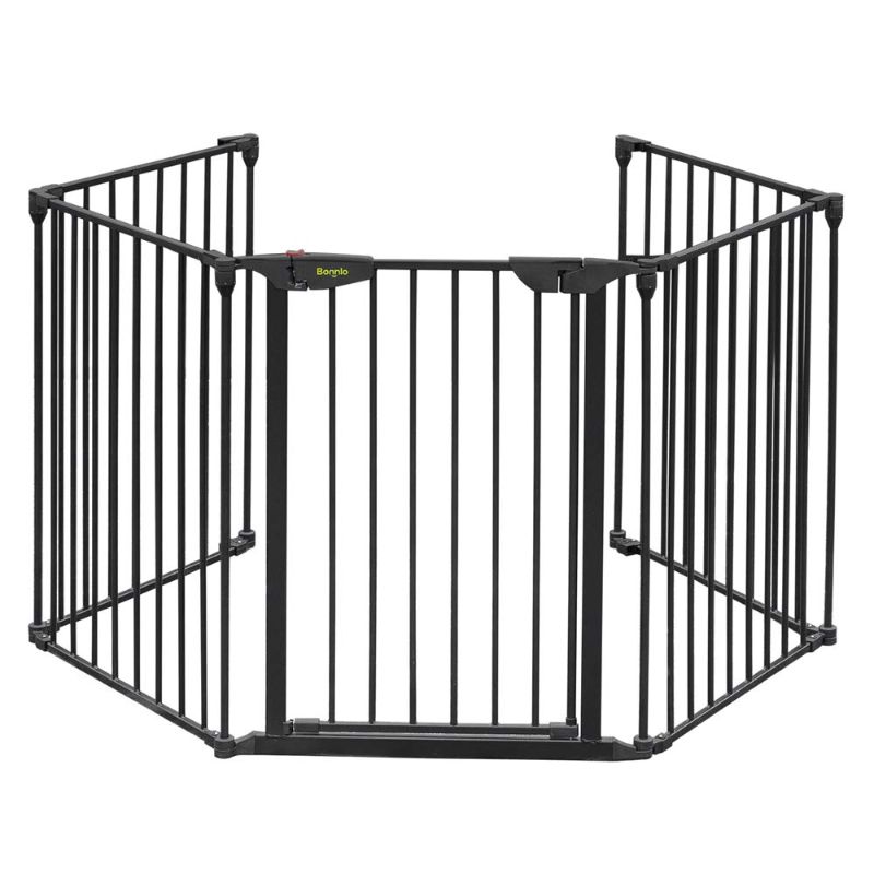 Photo 1 of Bonnlo 122-Inch Wide Configurable Baby Gate Fireplace Safety Fence/Guard Adjustable 5-Panel Metal Play Yard for Toddler/Pet/Dog Christmas Tree Fence, Includes 4 Pack of Wall Mounts, Black