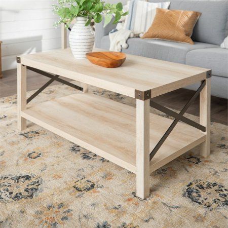 Photo 1 of 40" Wood Rectangle Metal X Coffee Table in White Oak with Bronze Hardware
