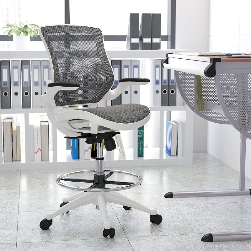 Photo 1 of Flash Furniture Mid-Back Transparent Gray Mesh Drafting Chair with White Frame and Flip-Up Arms
