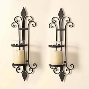 Photo 1 of Adeco Candle Holder Sconce Wall Hanging Single Pillar Vertical Iron Glass 2 Pc
