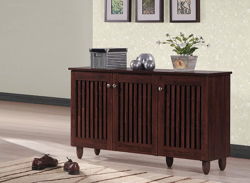Photo 1 of Baxton Studio Wholesale Interiors Fernanda Modern and Contemporary 3-Door Oak Brown Wooden Entryway Shoes Storage Wide Cabinet

